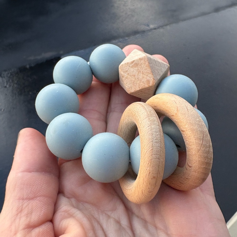 Teething Ring Blue Silicone Beads and Geometric Wood Baby Bracelet Gift Teether